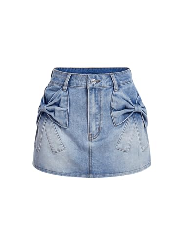 SHENHE Women's Denim Mini Skirt Bowknot Straight Jean Skirt Summer Cute Mini Skirts