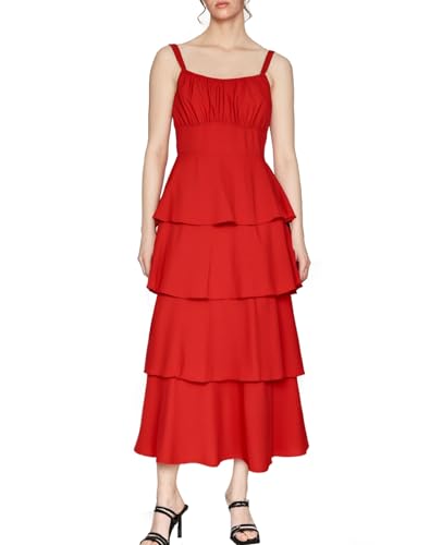 Image of Tiered Ruffle Dress Women Casual Summer Spaghetti Strap Sleeveless Floral Layered Maxi Dress for Women Beach Sundress