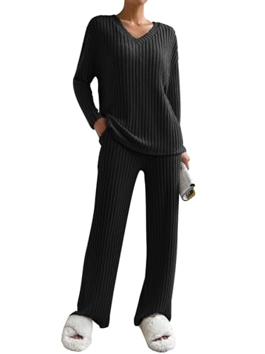Yutdeng Conjunto Punto Mujer Invierno 2 Piezas Jersey Cuello V Pantalón Recto Traje de Casa Pijamas Manga Larga Acanalado Conjunto Deportivo Casual