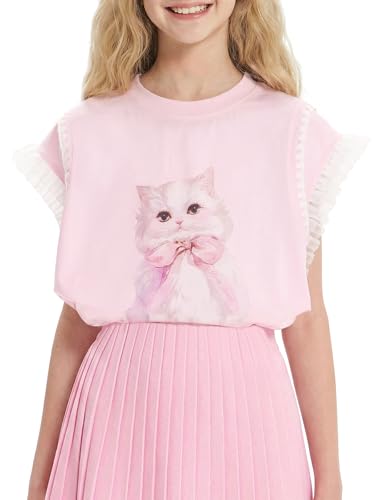 Image of Girls Ruffle Sleeves Shirt Cat Graphic Tee Cute Summer Short Sleeve Top for Teens 6-16Y