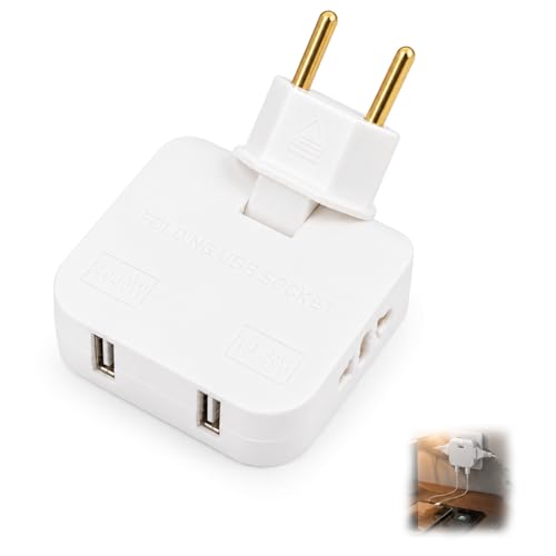 Prise Plate, Prise Derrière Meuble 4 en 1 avec Tête Pivotante 180°, 2 Prises Secteur 220V et 2 Ports USB, Maison Bureau Chambre Voyage, Connexion USB et Alimentation Simultanée Appareils Électriques