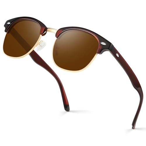 kunchu Polarised Sunglasses Mens Womens Half Frame UV400 Protection Rectangular Sunglasses Classic Retro Black Sun Glasses Unisex Ultra Lightweight Shades For Driving Fishing Cycling-Brown