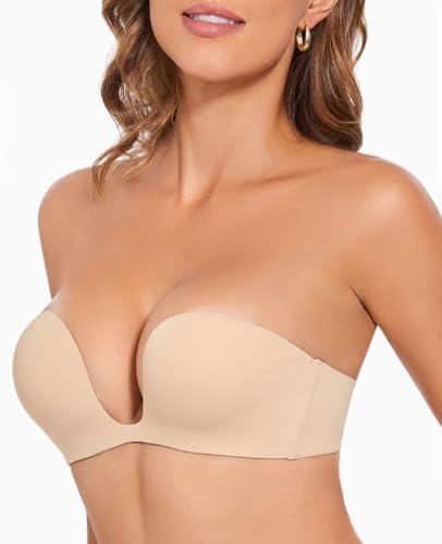 YANDW Plunge Strapless Push Up Bras for Women Padded Non Slip Deep U Shape Low Cut Convertible Seamless Bra Underwire2