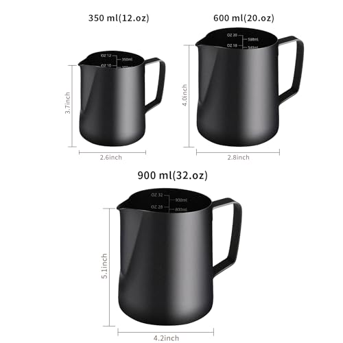 Milk Frothing Pitcher, 20OZ/600ML Stainless Steel Espresso Steaming Pitcher Coffee Milk Frother Cup with Decorating Art Pen for Espresso Machine, Milk Frother, Latte Art Black
