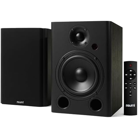 NEUMI BS5P-ARC 75-Watt Powered Bookshelf Speakers, Bluetooth, HDMI, USB, Optical, Coaxial, Remote Control, 5-Inch Woofer, 1-Inch Tweeter, Dark Wood, 1 Pair Cover