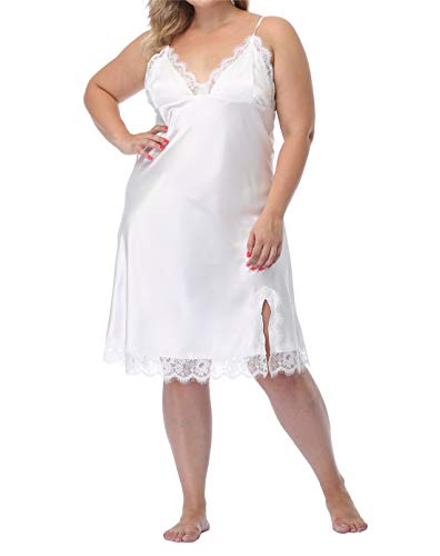 Women's Plus Size Full Slips Lace Chemise Lingeries Sexy Front Slit Negligees Silky Nightgown Sleepwear White #TOP3