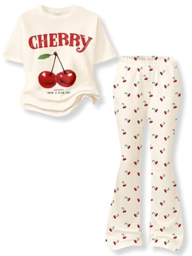 Klyatpxoen Size 7 8 Years Tween Girls Clothing 2PCS Sets Crop Tops& Flared Leg Pants with Letter Print with Summer Outfits (Apricot 7 8Y)