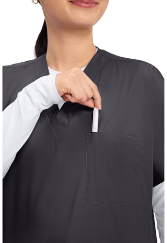 Image of Cherokee Scrubs for Women and Men Unisex V-Neck Tunic Nursing Scrub Top with Chest Pocket, Tuckable Durable Fabric - 4777 | 1 Chest Pocket For Essentials, Traditional Fit, Durable Construction, Comfortable Knit Details, Easy Care, Tuckable Style