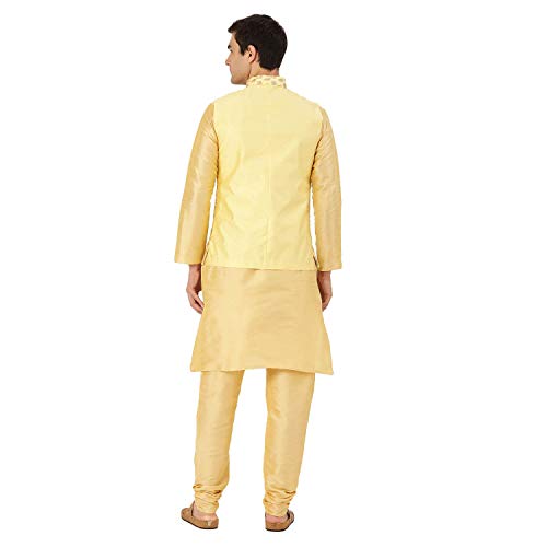 Image of SOJANYA (Since 1958 Men's Cotton Linen Maroon Kurta and White Pyjama with Mustard Cotton Nehru Jacket