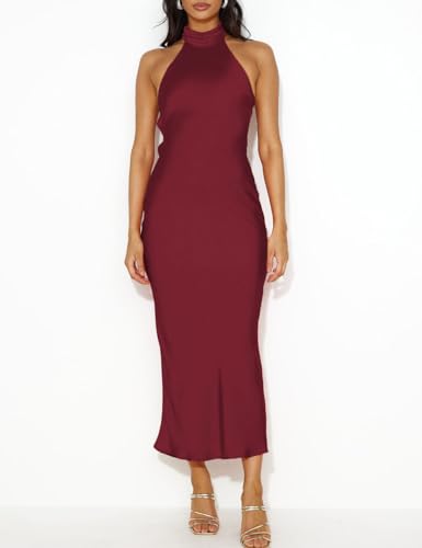 Image of Women Summer Satin Halter Neck Backless Formal Wedding Guest Maxi Dress