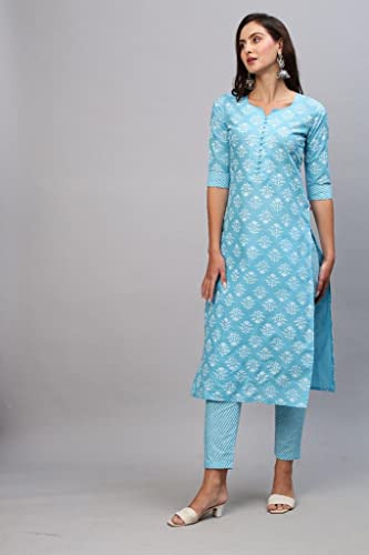 Image of GoSriKi Women's Cotton Blend Printed Straight Kurta With Pant