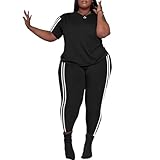 PINSV Women's Plus Size 2 Piece Outfits Tracksuits Short Sleeve Top Pants Sets Sweatsuits Black Stripe 1XL