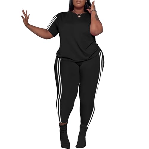 PINSV Women's Plus Size 2 Piece Outfits Tracksuits Short Sleeve Top Pants Sets Sweatsuits Black Stripe 4XL
