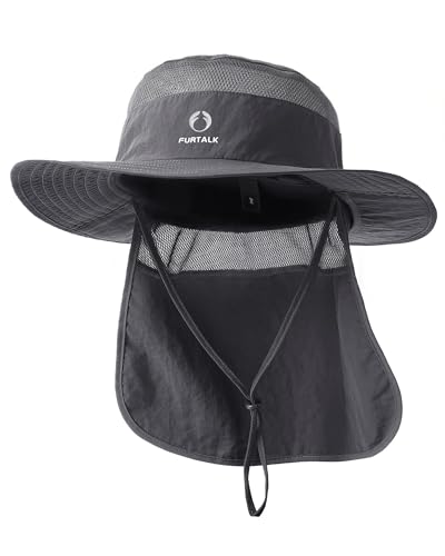 FURTALK Sun Hats for Men Women Fishing Hat with Neck Flap UPF 80+ Breathable Wide Brim Hiking Safari Summer Bucket Hats Dark Grey