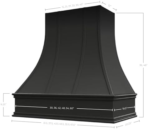 Riley & Higgs Black Wood Kitchen Range Hood Cover, Curved Front Wall Mount Vent Hood, Decorative Strapping & Classic Trim, Plywood with Maple, 49.5” W x 48” H - 2