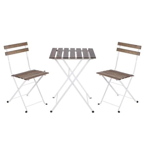 LOLAhome Set Muebles de Balcón Completo | Mesa y 2 Sillas Plegables, de Madera y Acero Blanco | Tratamiento Anticorrosión y Madera Sostenible | para Jardín, Terraza o Balcón | Sirio
