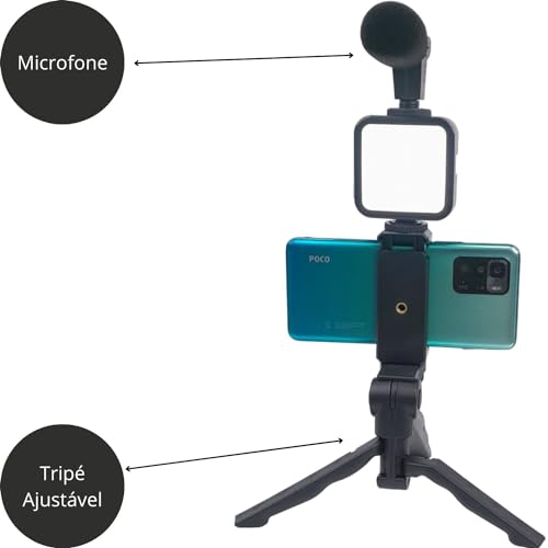 Tripé Fotográfico 5 em 1 Universal Suporte para Celular Mini Luz LED Ajustável e Microfone Kit Compl