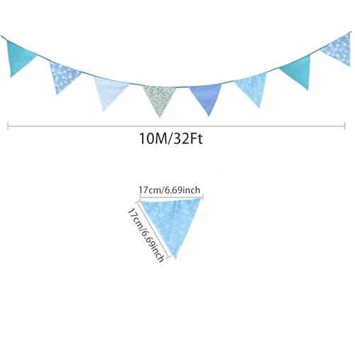Image of Zwiebeco 32Ft Blue Fabric Floral Pennant Banner Bunting Cotton Flowers Triangle Flags Party Decorations for Birthday Wedding Engagement Bridal Baby Shower Rustic Village Sweet Home Garden Decor
