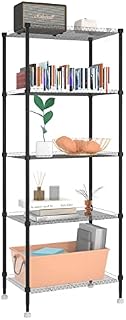 VOONEEN 5 Tier Shelving Unit, Metal Shelving Unit Free Standing Small Storage Rack with 4 Hooks, Wire Organisation Racking Shelves for For Pantry Kitchen Bathroom Office,45*30*120 CM (BLACK 5TIER)