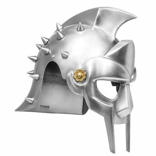 Image of THOR INSTRUMENTS Medieval Gladiator Maximus Helmet with Liner, Steel Roman Warrior Armor Helmet for Halloween Costume, Cosplay, LARP, Reenactment, Rustic Vintage Home & Office Decor Gift
