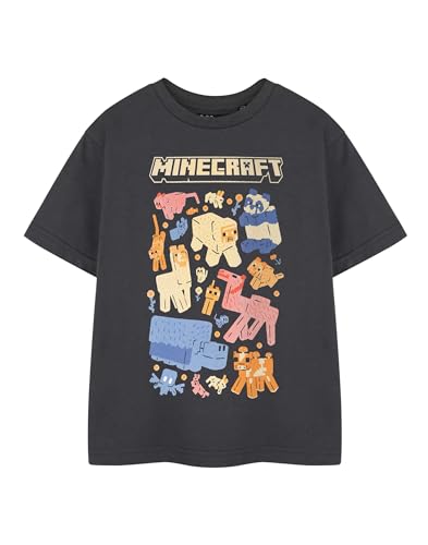 Minecraft Girls Black Graphic Tee | Various Animals Game Crew Neck Top | Classic Short Sleeve Casual Wear | Pull On Animals T-Shirt for Girls