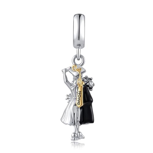 LuxglitterLin Graduation 2026 Charm Graduate Dangle Bead with Cap Gown and Flowers Compatible with Pandora Bracelet Inspirational Jewelry Present for Women