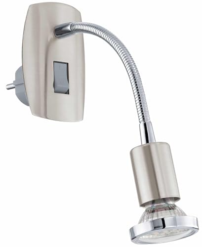 EGLO Mini lámpara con enchufe de 1 foco, lámpara de enchufe de acero, color níquel mate, cromado, enchufe GU10, incl interruptor y brazo flexible