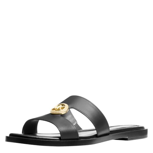 Michael Kors Women's Erin Flat Sandal, Gold-Tone Hardware, Black, 7