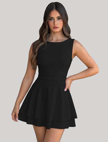 Image of IWD Women's Boat Neck Sleeveless Mini Dress Ruched Waist Flowy Tiered Ruffle Hem A Line Party Short Dresses