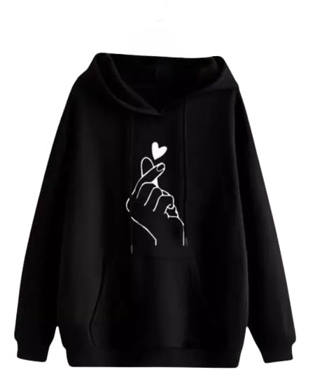 Black Korean Finger Heart Print Hoodie for Women Girls | Stylish Oversized Pullover Sweatshirt with Front Pocket Soft Fleece Hoodie for Casual-image-6