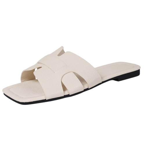 Image of Women's Dressy Casual Flat Sandals, Elegant Comfortable Slip-On Slides with Textured Upper, Versatile Dressy Style for Everyday Wear