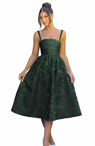 Spaghetti Straps Prom Dresses A-Line Jacquard Satin Corset Formal Cocktail Pary Gown with Pockets