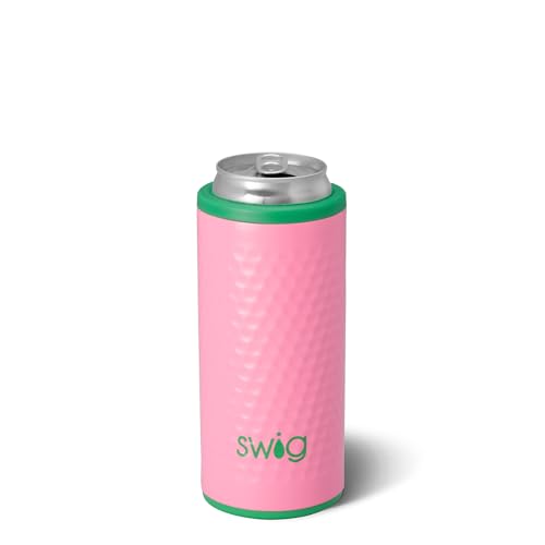 Swig Life Skinny Can Cooler, 12oz Insulated Slim Can Holder, Stainless Steel Cans Cooler, Covers for Tall Beer Bottles, Beach Accessories for Women (Azalea Golf Ball)