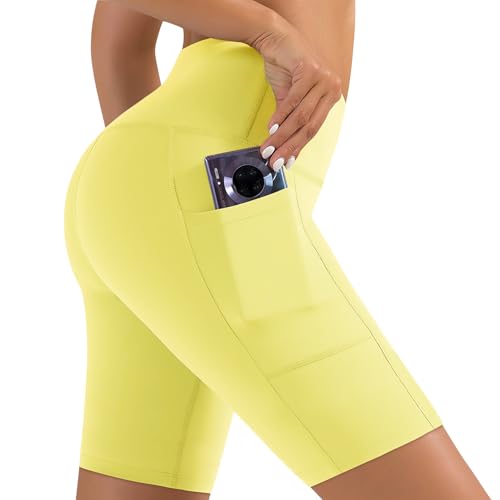 NEW YOUNG Biker Shorts Women with Pockets-5"/8" High Waisted Tummy Control Workout Gym Running Yoga Shorts Yellow