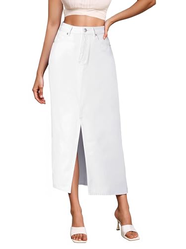 Hybrid & Company Women's Long Denim Skirt – Stretch Jean Skirt for Office and Casual Wear LSKS19411 White 6