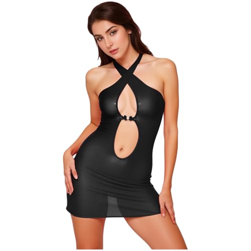 ranrann Babydoll Kleid Damen Bodycon Minikleid Neckholder Nachtkleid Ärmellos Rückenfrei Durchsichtig Unterwäsche Nachtwäsche Schwarz...