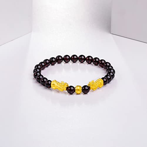 24K Solid Gold Bracelet for Women, Real Pure Gold Jewelry Fortune Pixiu Garnet Beaded Bracelet for Men3