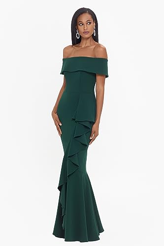 Image of Betsy & Adam Women's Women's Long Off Shoulder Cascade Ruffle Stetch Scuba Crepe Gown