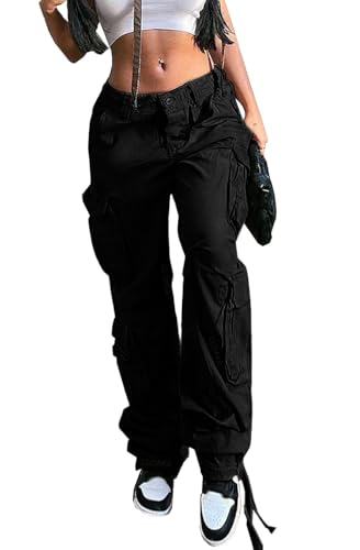 CLOAKA Cargohose Damen Y2k Weites Bein Freizeithose Baumwolle High Waist Baggy Cargohosen mit Taschen Streetwear Cargo Hose