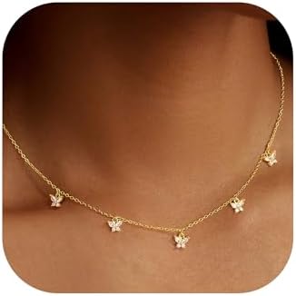 Ursteel Dainty 14K-Gold-Plated Necklace for Women, Cute Clover Butterfly Cubic Zirconia Necklace Pearl Flower Evil Eye Station Necklaces for Women Teen Girl Gifts