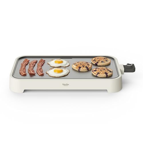 Martha Stewart 12” x 22” Electric Griddle, XL Ceramic Nonstick Flat Top Cooking Surface, Adjustable Temperature Dial, Drip Tray, Dishwasher Safe, 1500W Fast Even Heating, Pancakes & Eggs, Linen Cream