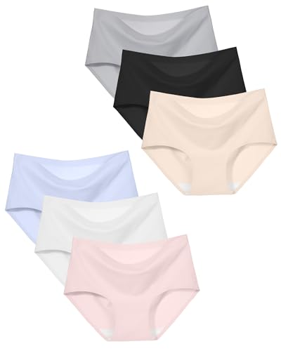 SALIA GIRL Seamless Teen Underwear 12-14, Soft Stretch Big Girls Panties Mid-Rise Briefs Full-Coverage Girls Underwear Pack of 6, White/Beige/Pink/Blue/Black/Grey, L