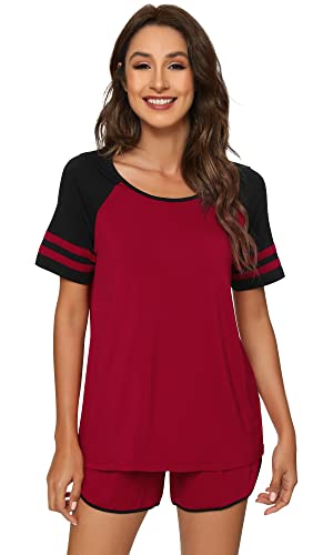 WiWi Conjunto de pijama de bambú para mujer, 2 piezas, conjunto de pijama suave, ropa de dormir de manga corta con pantalones cortos, ropa de dormir S-XXL, rojo vino, XXL