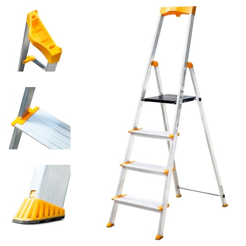 HOSTRÖM Escabeau 4 marches en Aluminium, Marche Pied Pliable, Porte-Outils, Marches Extra-Large 12cm, Usage Domestique et Professionnel, Garantie 5ans