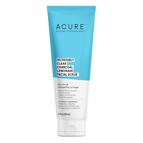 ACURE Incredibly Clear Charcoal Lemonade Facial Scrub | 100% Vegan | For Oily to Normal & Acne Prone Skin | Charcoal, Lemon & Blueberry - Exfoliates & Detoxifies | 4 Fl Oz (Packaging May Vary)