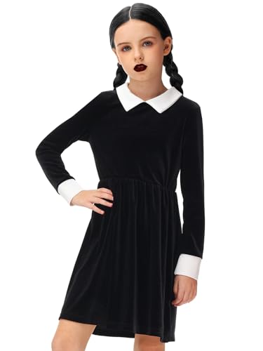 AOBUTE Girls Halloween Black Dress Long Sleeve Peter Pan Collar Twirly Dress4
