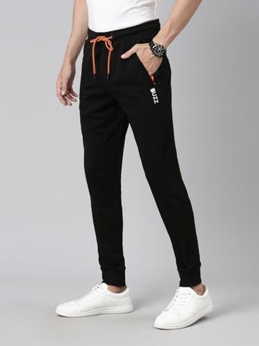 Image of BUZZ Standard Men Athleisure Slim Fit Solid Cotton Joggers Zipper Pockets, Ultra Soft, Stretchable, Breathable, Anti-Slip Waistband with Drawcord, Track Pants for Leisure, Travel, Workout. Pack of 1