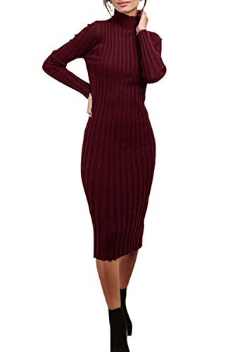 Image of MEROKEETY Women's Ribbed Long Sleeve Sweater Dress High Neck Slim Fit Knitted Midi Dress