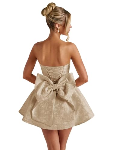 Image of Basgute Floral Jacquard Satin Short Homecoming Dresses for Teens A Line Strapless Formal Prom Evening Gown with Bow