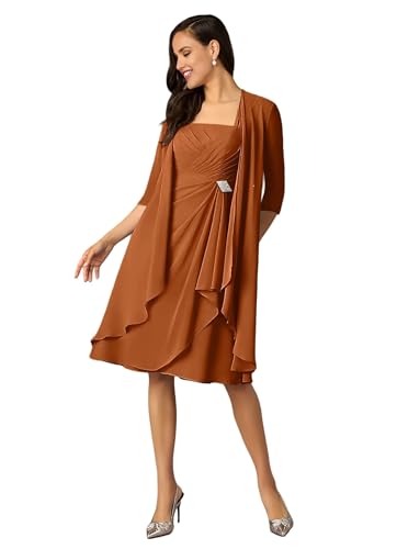 Square Neck Mother of The Bride Dresses with Jacket Tea Length Chiffon Formal Evening Dress for Wedding 2 Piece